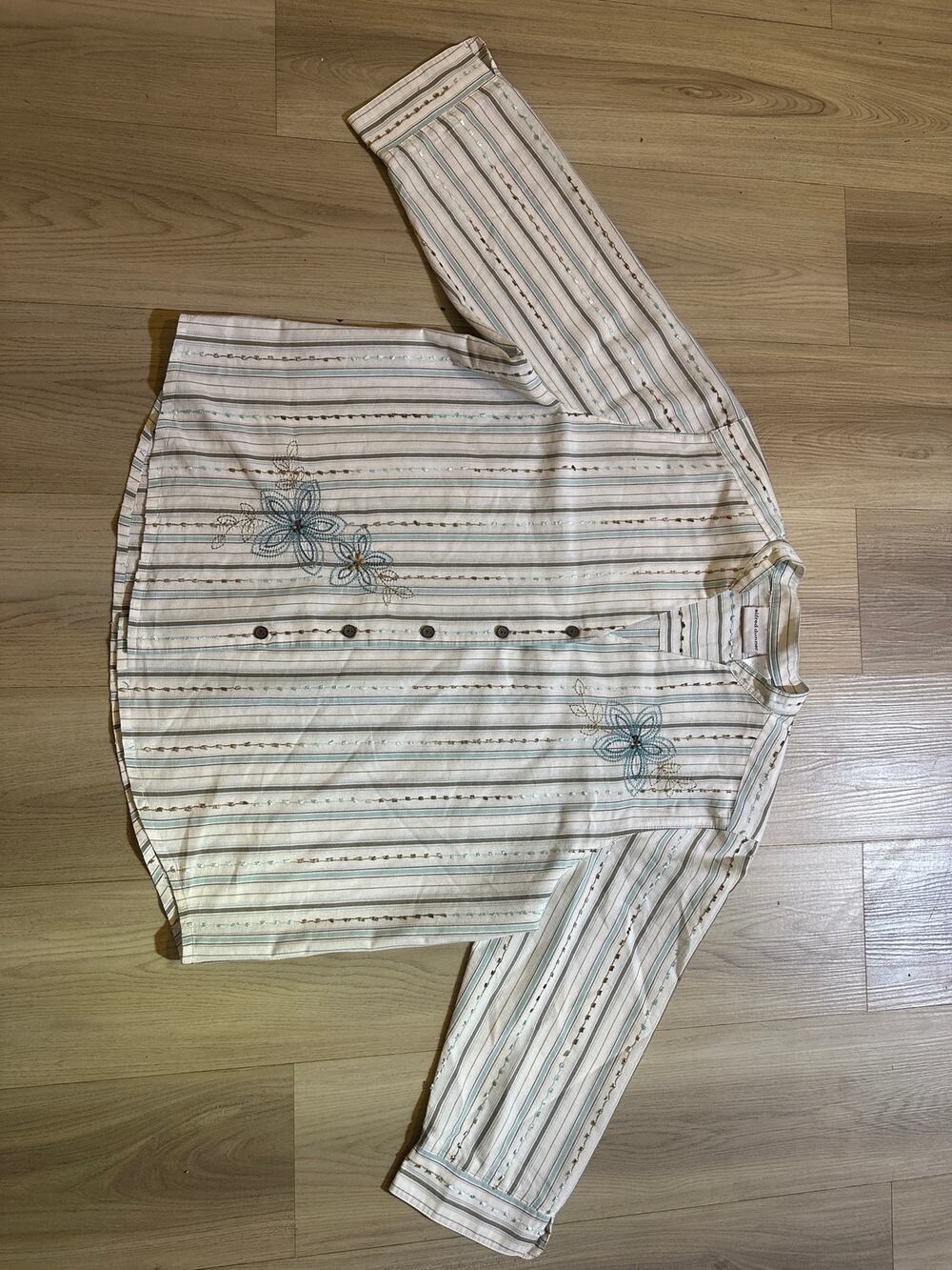 Alfred Dunner Size 18 Striped Button Up Shirt Embroidered Floral Coastal Grandma